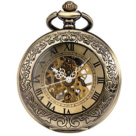 ManChDa Mechanical Pocket Watch, for Men Women Special Magnifier Half Hunter Double Open Engraved Case Roman Numerals with Chain + Box Bronze
