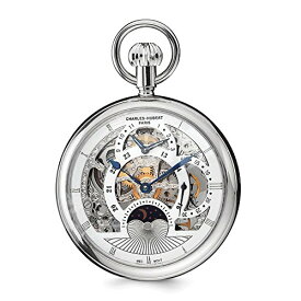 Charles Hubert Stainless Steel Men's Open Face Skeleton Dual Time Pocket Watch 14.5"