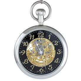 OGLE 3ATM Waterproof Vintage Stainless Steel Large Face Fob Self Winding Automatic Skeleton Mechanical Pocket Watch(Silver Case&Black Dial&Gold Movement)