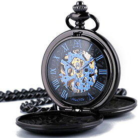 ManChDa Mechanical Roman Numerals Dial Skeleton Pocket Watches with Box and Chains for Mens Women (1.Black Blue)