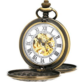 ManChDa Pocket Watch - Engraved Bronze Retro Vintage Double Hunter Series Skeleton Dial Delicate Mechanical Movement + Gift Box