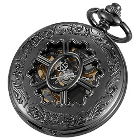 Alwesam Hollow Design Mechanical Men's Watch Double Face Roman Numerals Clock Hand Wind Pocket Watch with Chain&Box