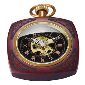 Whodoit Square Engraved Real Wood Mechanical Pocket Watch Hand Winding Vintage Pendant Watches