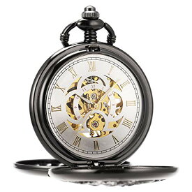 ManChDa Antique Automatic Mechanical Pocket Watch Lucky Dragon and Phoenix Skeleton Dial with Chain + Gift Box … (4.Black with Silver)