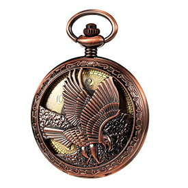 TREEWETO Mechanical Eagle Arabic Numerals Dial Skeleton Red Bronze Pocket Watch Watches with Gift Box and Chains for Mens Women