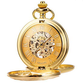 ManChDa Mechanical Roman Numerals Dial Skeleton Pocket Watches with Box and Chains for Mens Women (2.Gold)