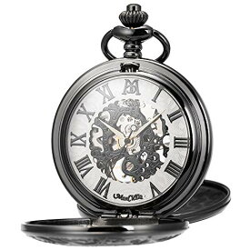 ManChDa Mechanical Roman Numerals Dial Skeleton Pocket Watches with Box and Chains for Mens Women (4.Black White)