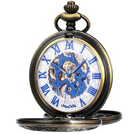 ManChDa Mechanical Roman Numerals Dial Skeleton Pocket Watches with Box and Chains for Mens Women (6.Bronze case+White Dial + Blue)