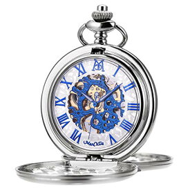 ManChDa Mechanical Roman Numerals Dial Skeleton Pocket Watches with Box and Chains for Mens Women (Silver Blue)