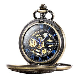 SIBOSUN Pocket Watch Mechanical Pocket Watches for Men and Women Steampunk with Chain Men's Vintage Skeleton Mens Hand Wind Wind Up Bronze Gift Blue Double Case Roman Numerals Antique