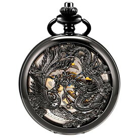 ManChDa Mens Antique Mechanical Pocket Watch Lucky Dragon & Phoenix Retro Skeleton Dial with Chain (5.Black Blue)
