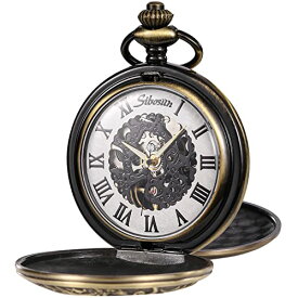 SIBOSUN Pocket Watch Mechanical Hand Wind Antique Roman Numerals Pocket Watches for Men Women with Chain and Box Bronze Double Cover