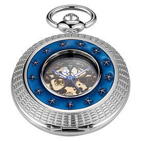 Automatic Winding Mechanical Pocket Watch, Star Circle Blue Printing Mechanical Pocket Watch Carved Design