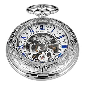 Classic Silver Mechanical Pocket Watch, Roman Numerals Silver Pocket Watch with Chain Box for Men