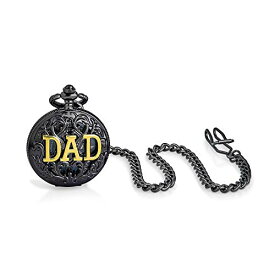 Vintage Style Open Face Two Tone Daddy Father Gift Word DAD Pocket Watch for Men Numeral Skeleton Dial Black Gunmetal Gold Plated Finish with Long Pocket Chain Custom Engraved