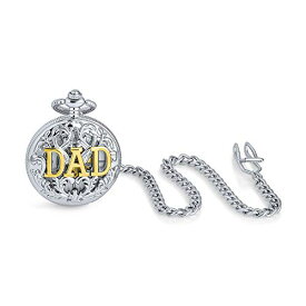 Bling Jewelry Vintage Style Open Face Two Tone Daddy Father Gift Word DAD Pocket Watch for Men Numeral Skeleton Dial Gold Silver Plated Finish with Long Pocket Chain Custom Engraved