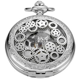 Whodoit Double Open Silver Gear and Star Men's Mechanica Pocket Watch Cool Design, FOB Chain Double Open Case Design Mechanical Pocket Watches for Men - Silver