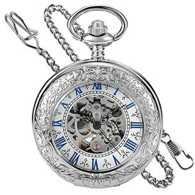 Tiong Mechanical Self-Wind Pocket Watch Skeleton Roman Numerals Pocket Watches with Chain Father‘s Day Gifts