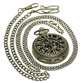 FobTime Vintage Bronze Hollow Arabic Numerals Case Skeleton Hand Wind Mechanical Roman Dial Pocket Watch Necklace Retro Chain