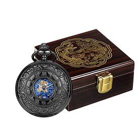 ManChDa Mechanical Roman Numerals Dial Skeleton Pocket Watches with Brown Wooden Pocket Watch Finish Stain Box Dragon Phoenix and Chains for Mens Women (1.Black Blue)