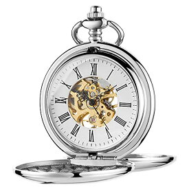 Whodoit Mens Silver Double Open Pocket Watch Hunter Mechanical Pocket Watches Engraved Roman Numeral Dial Mechanical Pocket Watch for Men