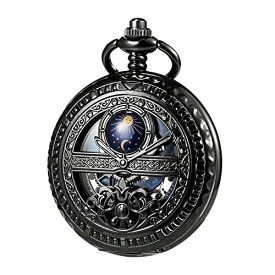 TREEWETO Men's Mechanical Roman Numerals Dial Sun and Moon Skeleton Black Case Pocket Watches with Box and Chains for Mens Women