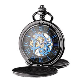 TREEWETO Men's Mechanical Skeleton Pocket Watch for Mens Women Blue Roman Numerals Dial Black Double Case Pocket Watches