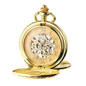 TREEWETO Men's Mechanical Skeleton Pocket Watch for Mens Women Roman Numerals Dial Golden Tone Double Case Pocket Watches