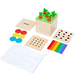 ボードゲーム 英語 アメリカ 海外ゲーム 4 in 1 Montessori Play Kit Box - Cotton Swab Board Fine Motor Skills Game,Coin Box, Carrot Harvest Game, Matchstick Color Drop Game ? Montessori Toys for Babies 6-12 Monthsボードゲーム 英語 アメリカ 海外ゲーム