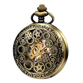 TREEWETO Mens Womens Mechanical Skeleton Pocket Watch Bronze Gear Hollow Case Steampunk Fob Watches with Chain Box