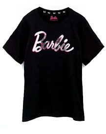 バービー バービー人形 Barbie Womens Short Sleeve T-Shirt | Ladies Doll Classic White Pink Logo in Black Graphic Tee | Oversized Doll Apparel Topバービー バービー人形