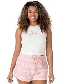 バービー バービー人形 Barbie Ladies Pyjama Set | Womens Ribbed White Vest & Pink All Over Print Elasticated Shorts | Fashion Doll Graphic Sleepwearバービー バービー人形