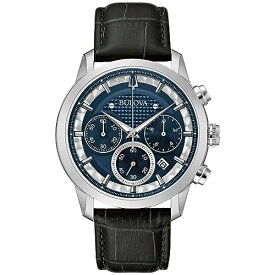 腕時計 ブローバ メンズ Bulova Men's Classic Sutton 6-Hand Chronograph Quartz Silver Stainless Steel Case Watch with Black Leather Strap, Blue Dial, 44mm Style: 96B420腕時計 ブローバ メンズ