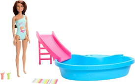 バービー バービー人形 Barbie Doll and Pool Playset, Brunette in Seafoam Blue One-Piece Swimsuit with Pool, Slide, Towel and Drink Accessoriesバービー バービー人形