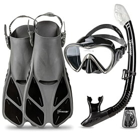 シュノーケリング マリンスポーツ Seavenger Diving Dry Top Snorkel Set with Trek Fin, Single Lens Mask and Gear Bag, S/M - Size 4.5 to 8.5, Gray/Black Siliconシュノーケリング マリンスポーツ