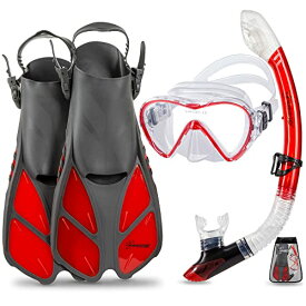 シュノーケリング マリンスポーツ Seavenger Diving Dry Top Snorkel Set with Trek Fin, Single Lens Mask and Gear Bag, XS/XXS - Size 1 to 4 or Children 10-13, Gray/Clear Redシュノーケリング マリンスポーツ