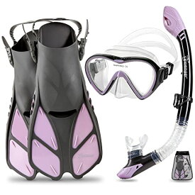 シュノーケリング マリンスポーツ Seavenger Diving Dry Top Snorkel Set with Trek Fin, Single Lens Mask and Gear Bag, S/M - Size 4.5 to 8.5, Gray/Lavenderシュノーケリング マリンスポーツ