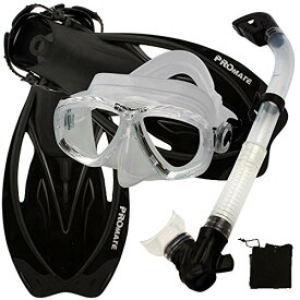 シュノーケリング マリンスポーツ Promate Snorkeling Scuba Dive Mask Fins Dry Snorkel Gear Set, ClrWBk, S/Mシュノーケリング マリンスポーツ
