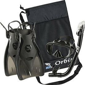 シュノーケリング マリンスポーツ IST Orbit Snorkeling Gear Set: Tempered Glass Mask, Dry Top Snorkel & Trek Fins for Compact Travel (Black Silicone/Black, Small)シュノーケリング マリンスポーツ