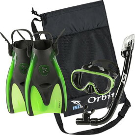 シュノーケリング マリンスポーツ IST Orbit Snorkeling Gear Set: Tempered Glass Mask, Dry Top Snorkel & Trek Fins for Compact Travel (Black Silicone/Green, Small)シュノーケリング マリンスポーツ
