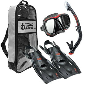 シュノーケリング マリンスポーツ UP-2521B-BKR-M TUSA Sport Adult Powerview Mask, Dry Snorkel, and Fins Travel Set, Medium, Black/Redシュノーケリング マリンスポーツ UP-2521B-BKR-M