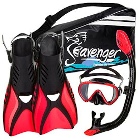 シュノーケリング マリンスポーツ Seavenger Advanced Snorkeling Set with Panoramic Mask, Trek Fins, Dry Top Snorkel & Gear Bag (Black Silicone/Red, Small)シュノーケリング マリンスポーツ
