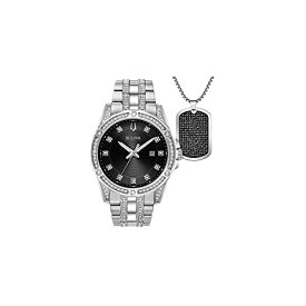 腕時計 ブローバ メンズ Bulova Men's Classic Stainless Steel Box Set with Black Dial Quartz Date Watch and Chain Dog tag Necklace, Crystal Accents Style: 96K104腕時計 ブローバ メンズ