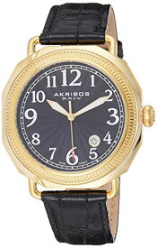 腕時計 アクリボスXXIV メンズ Akribos XXIV Men's Sunburst Guilloche Black Dial Watch - Coin Edged Yellow Gold Bezel with Date Window On Black Embossed Crocodile Leather - AK770腕時計 アクリボスXXIV メンズ