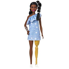 バービー Barbie ファッショニスタ 146 義足着用 星のプリントとフリルのワンショルダー シルエットの青いドレス