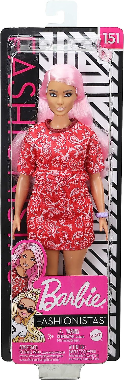 バービー バービー人形 ファッショニスタ Barbie Fashionistas Doll #151 with Long Pink Hair  Wearing a Red Paisley Top & Skirt, White Sneakers & Scrunchie Bracelet, Toy  for