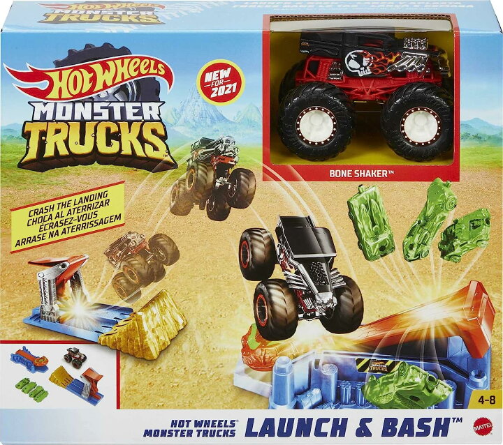 楽天市場 送料無料 ホットウィール Hot Wheels モンスタートラック Launch Bashプレイセット 1台のモンスタートラックと4台のクラッシュカーつき Angelica