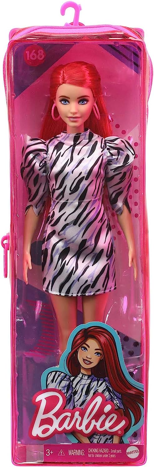 バービー バービー人形 ファッショニスタ Barbie Fashionistas Doll #168, Smaller Bust, Long Red  Hair, Zebra-striped Dress with Puffed Sleeves, Large Hoop Earrings, Slip-on 
