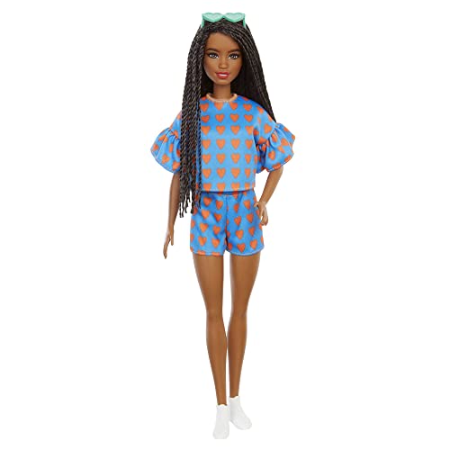 バービー バービー人形 ファッショニスタ Barbie Fashionistas Doll with Long Braided Black Hair,  Heart Print Top with Ruffled Sleeves & Shorts, Sneakers & Heart-shaped