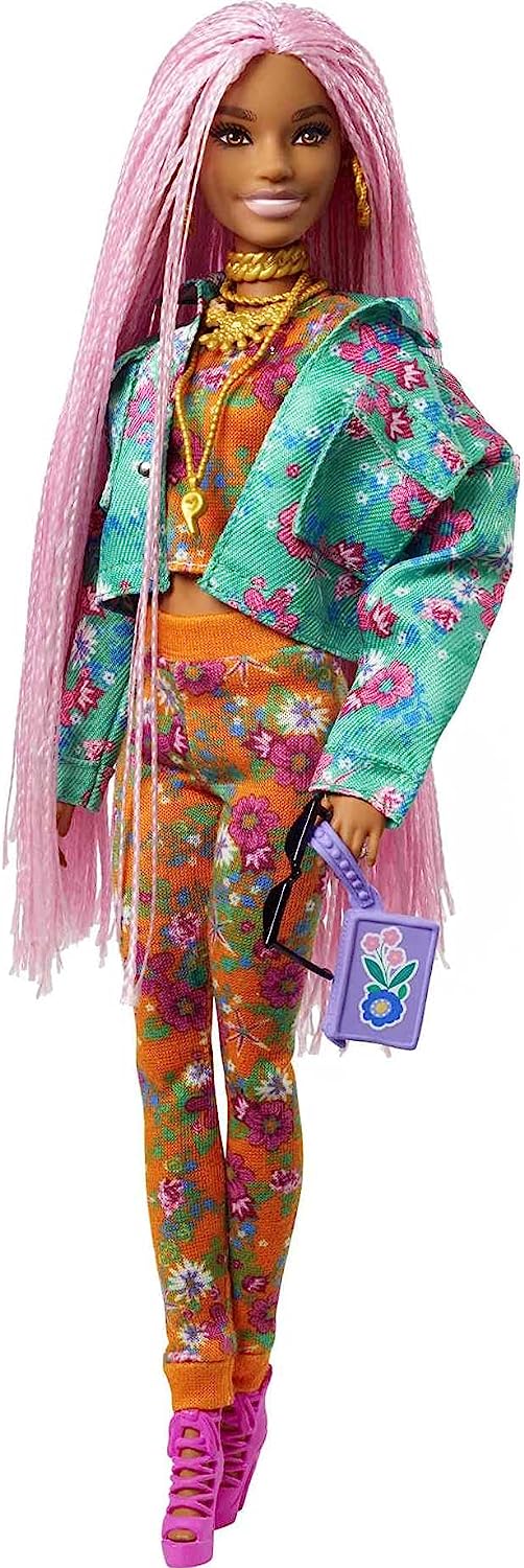 バービー バービー人形 Barbie Extra Doll & Accessories with Long Pink Braids in Teal  Floral Jacket & 2-Piece Floral Outfit with DJ Pet Mouseバービー バービー人形 |